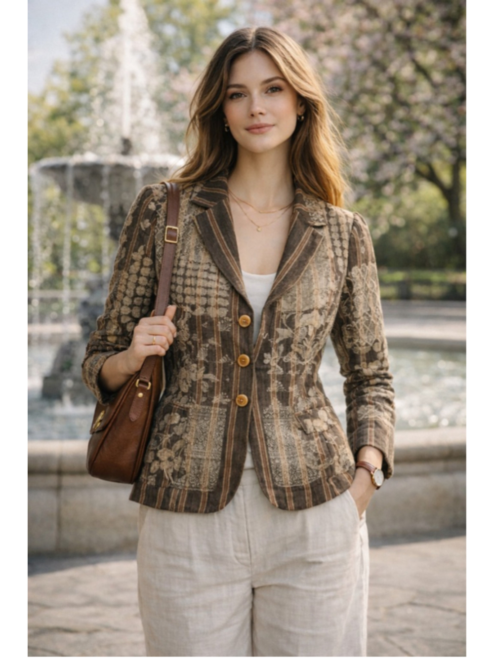 Burning Torch Blazer Women M Patchwork Linen Blend Boho Cottagecore Artsy Brown